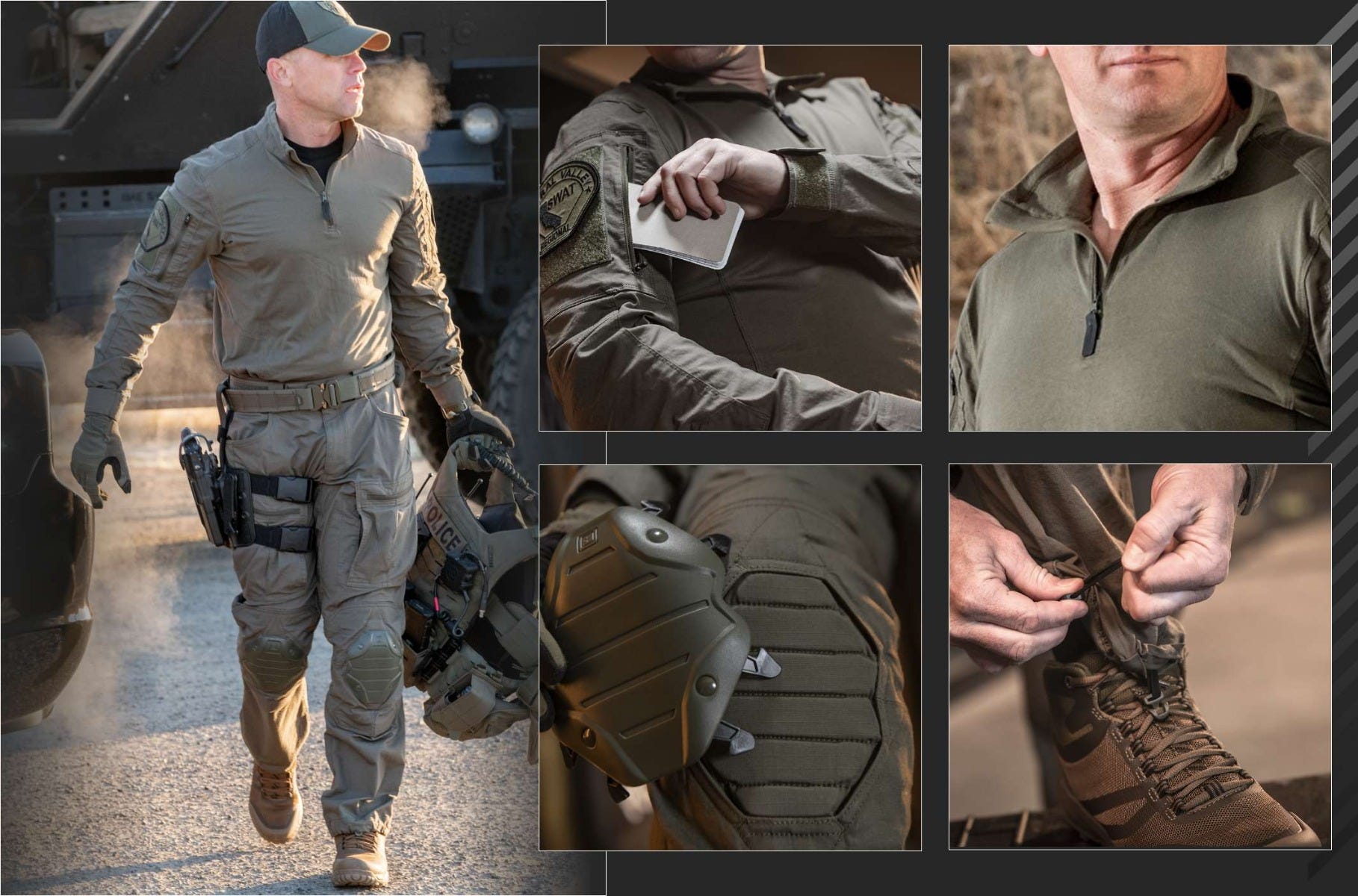 V.XI Collection Details: Zippered sleeve pockets, Adjustable kneepad system, Adjustable hems