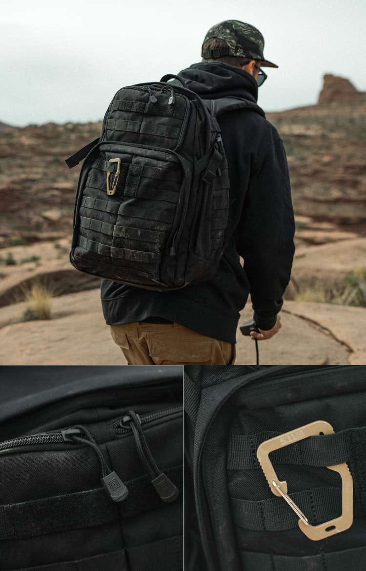 Man wearing RUSH 24 Backpack walks through a desert