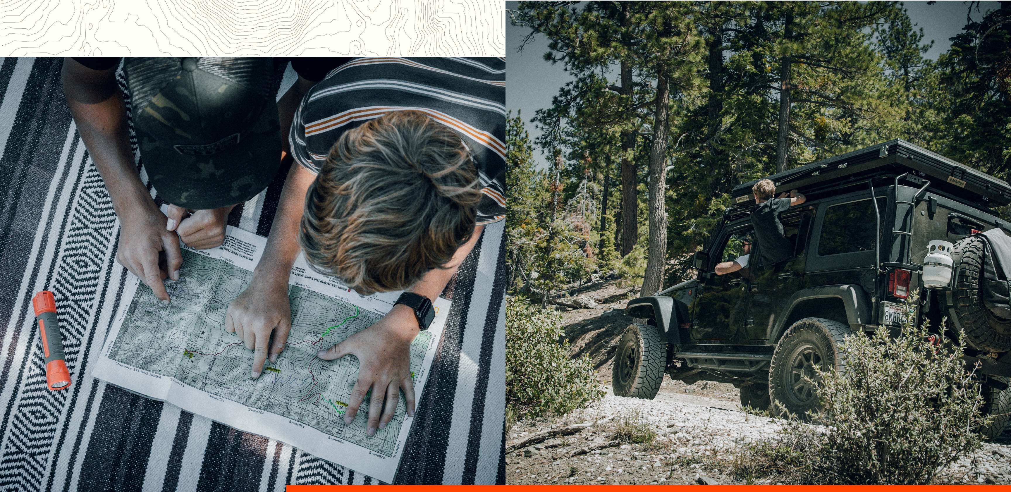 Two boys look at a map | A father and son drive down a dusty path in an off-road vehicle