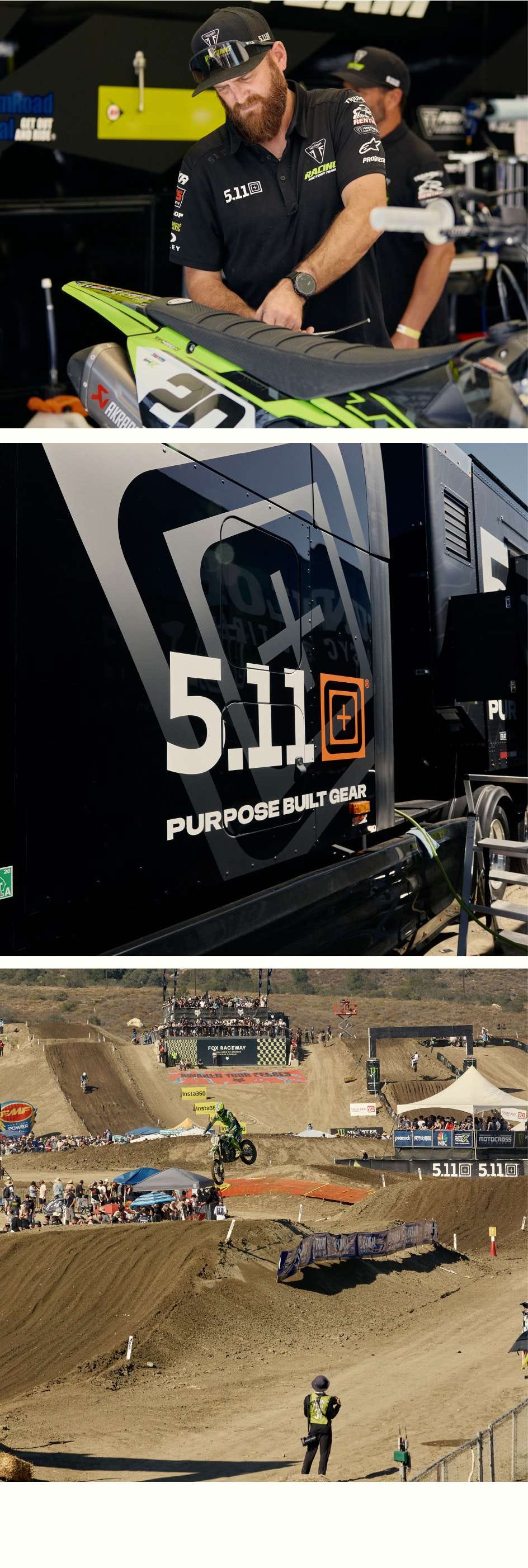 Images of Motocross pit crew and transport trucks