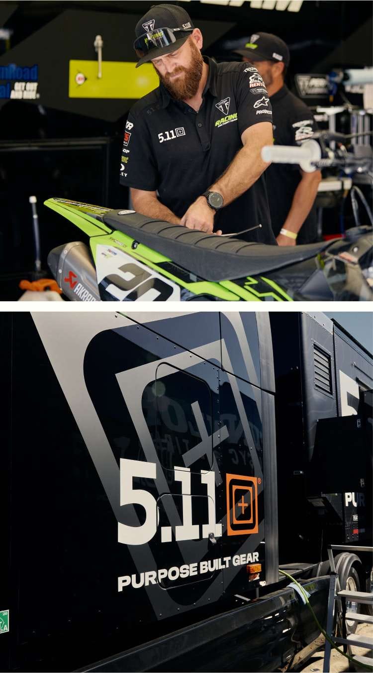 Images of Motocross pit crew and transport trucks