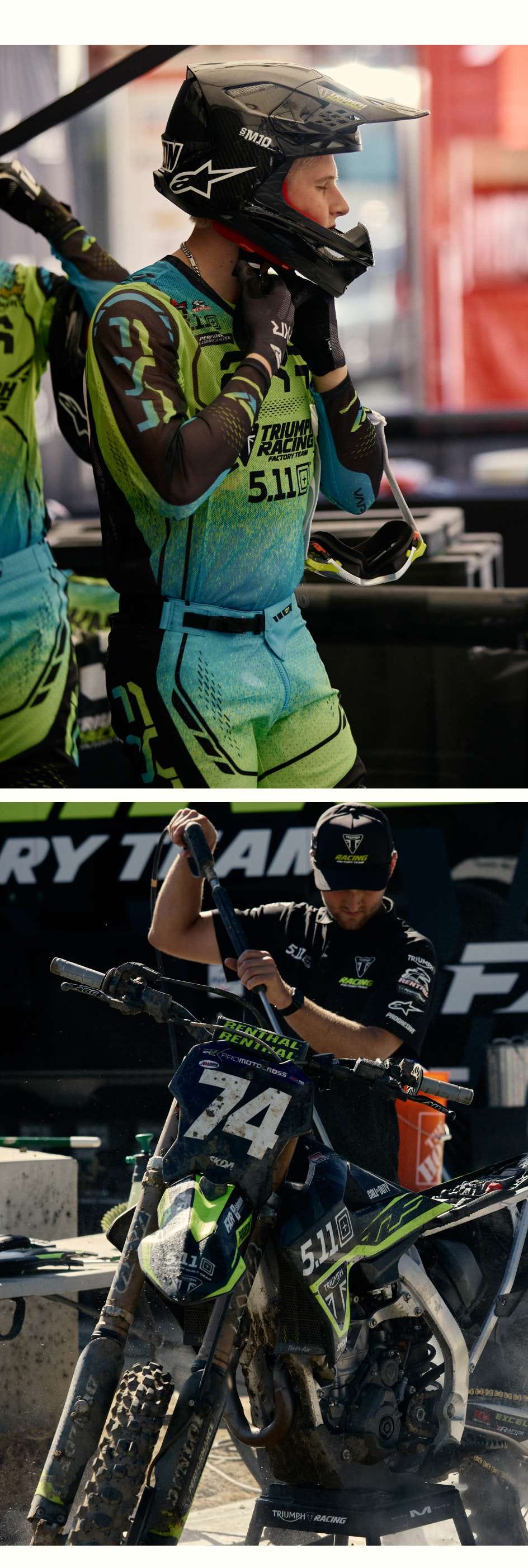 Triumph team rider puts on his helmet | Mechanical crew member hoses off a bike