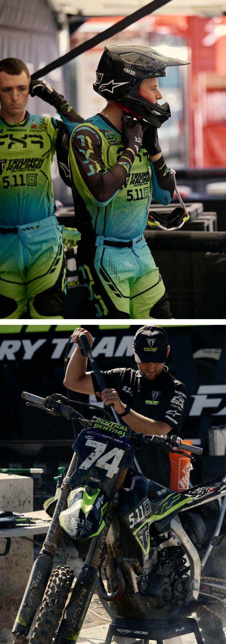 Triumph team rider puts on his helmet | Mechanical crew member hoses off a bike