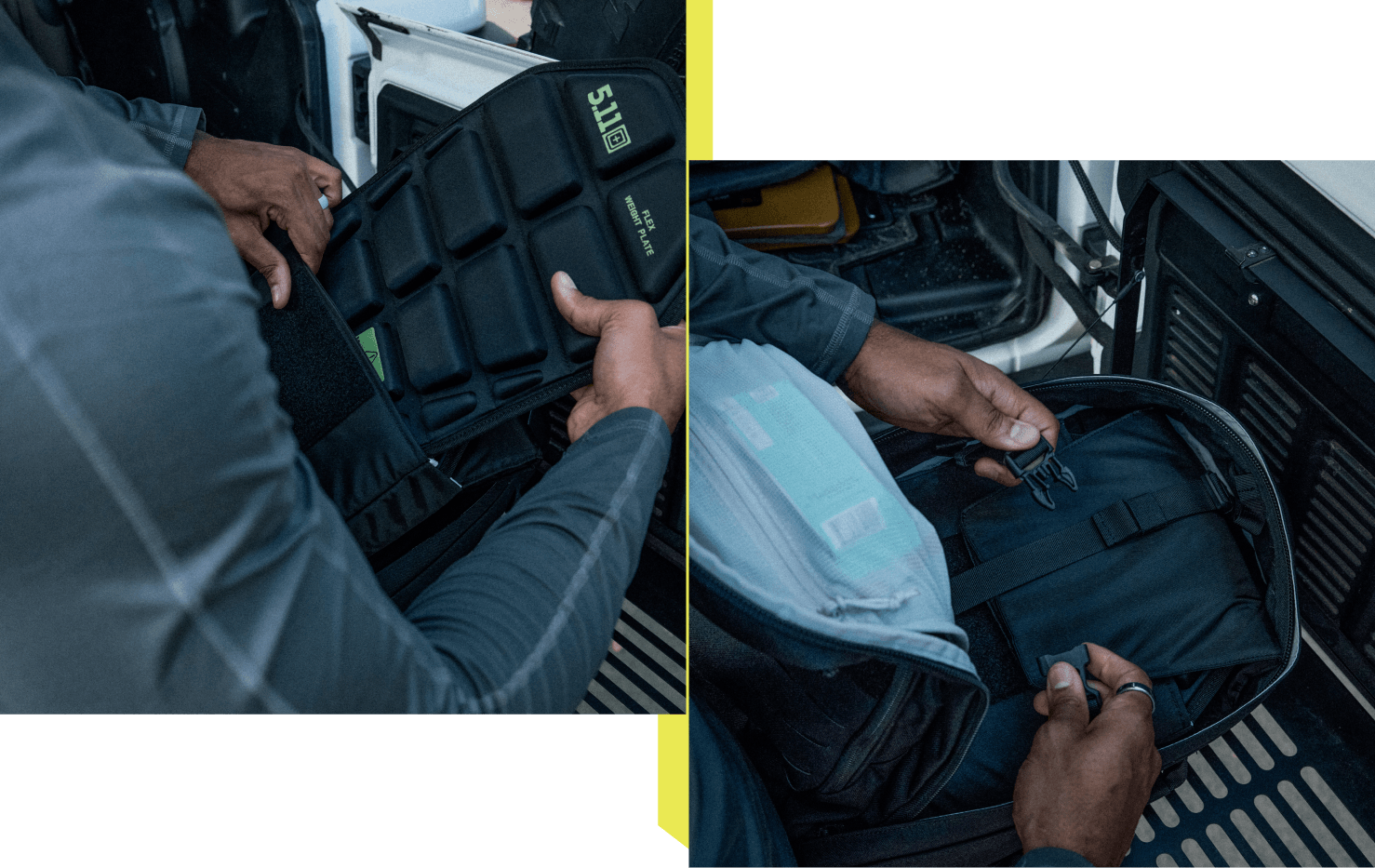 Man loads a weight plate into his Taconic Ruck Pack
