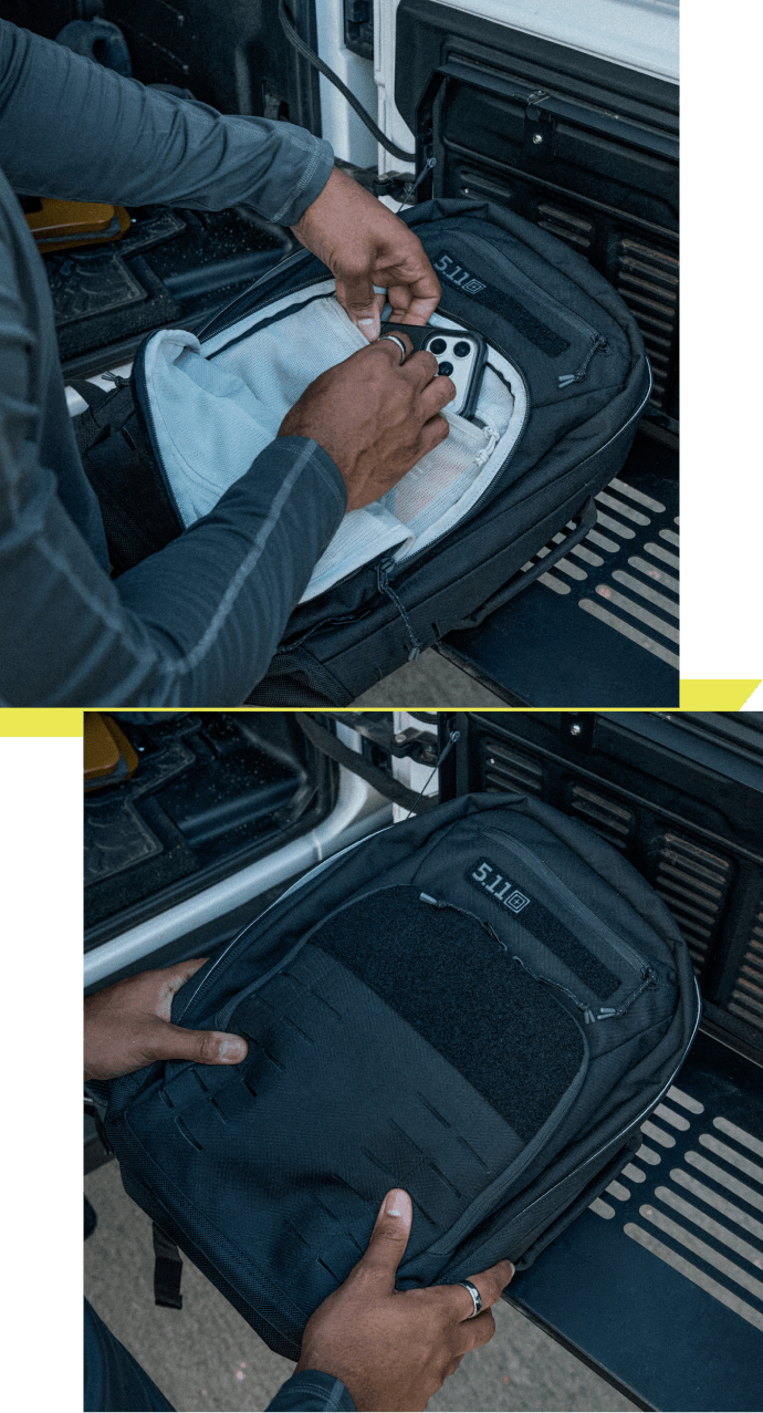 Man loads a weight plate into his Taconic Ruck Pack