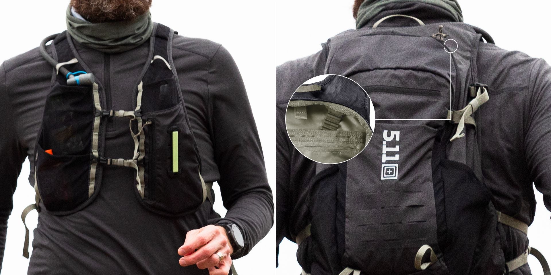 Collage of images that show CloudStryke adjustable torso system - two points of adjustment at the chest and additional adjustment points at the shoulder