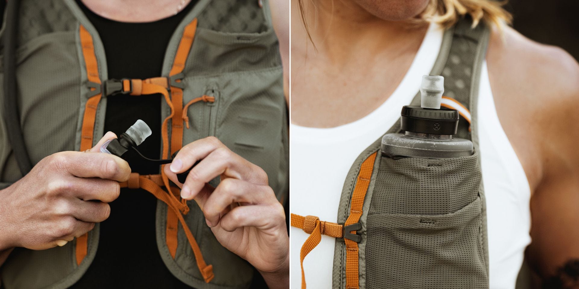 Image of a woman using the hydration bladder mouthpiece and another image of a water bottle in the CloudStryke front pocket