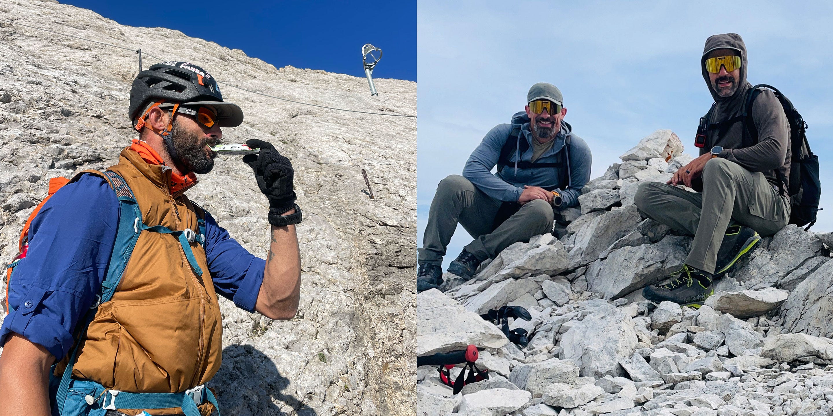 Uomo in attrezzatura da arrampicata e abbigliamento 5.11 Tactical, in piedi davanti a una montagna mentre mangia. Due uomini seduti sulle rocce che indossano l’attrezzatura 5.11 Tactical.
