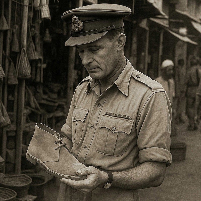 Hitstorical image where a soldier is looking at a pair of Chukka Boots at a market. AI-generated.