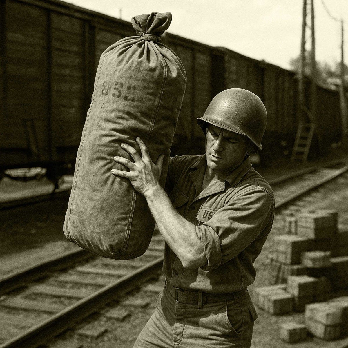 Historical image showing a soldier lifting a duffel bag by the railroad tracks. AI generated.