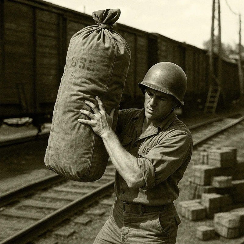 Historical image showing a soldier lifting a duffel bag by the railroad tracks. AI generated.