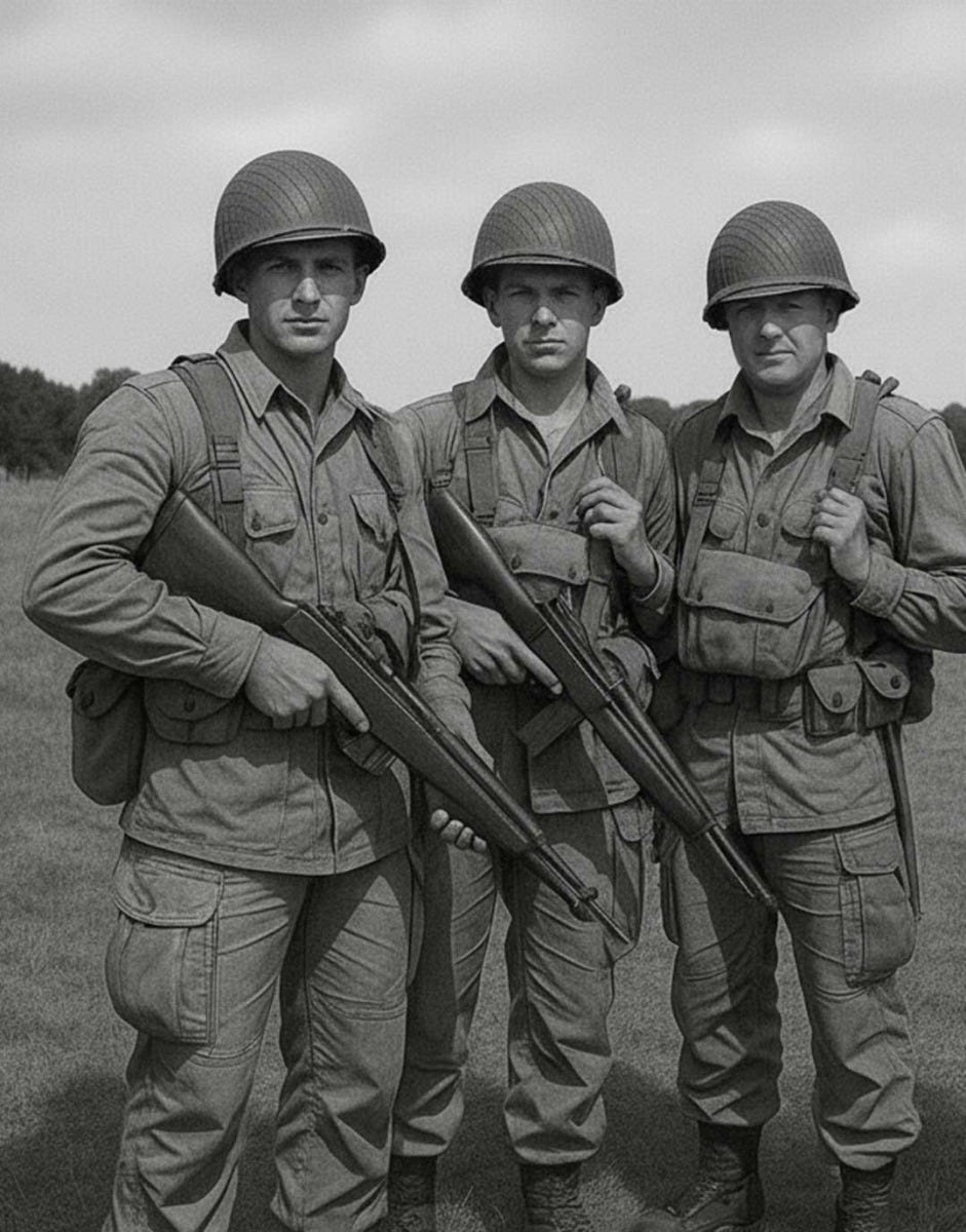 Ein KI-generiertes historisches Bild, das Soldaten zeigt, die die ersten f&uuml;r das Milit&auml;r entwickelten Cargo-Hosen tragen.