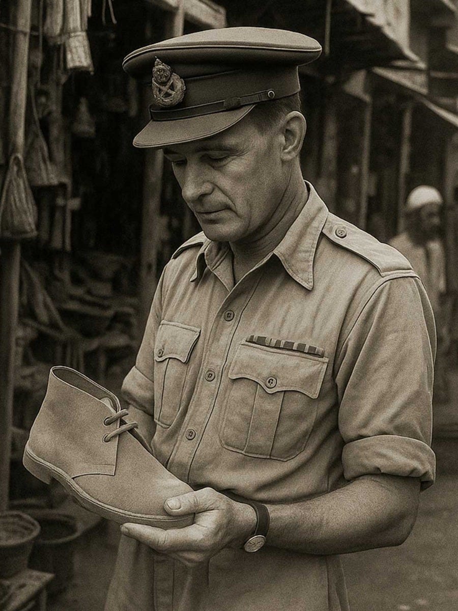 Ein KI-generiertes historisches Bild, das einen Offizier zeigt, der auf einem Markt ein Paar Chukka-Stiefel betrachtet.