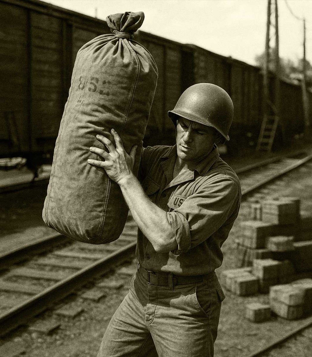 Historical image showing a soldier lifting a duffel bag by the railroad tracks. AI generated.