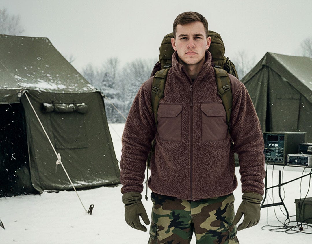 Hombre con una chaqueta de forro polar en un entorno de campo con clima frío, con tiendas militares al fondo. Generado por IA.