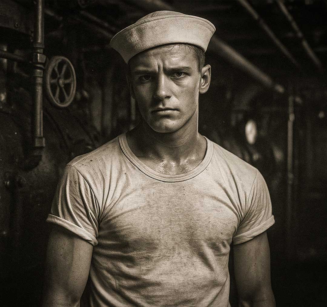 Historic image of a U.S. Navy sailor wearing a simple crew-neck T-shirt aboard a ship. AI generated.